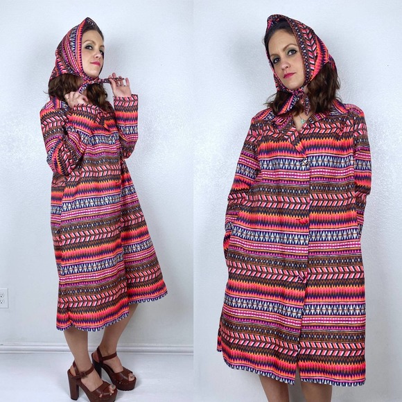 vtg 60s Neon Pink AQUASHEEN Scarf RAINCOAT Large psychedelic vinyl spring jacket - Picture 2 of 10